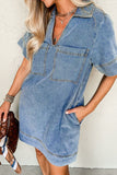 Short Sleeve Collared Patched Pocket Denim Mini Dress