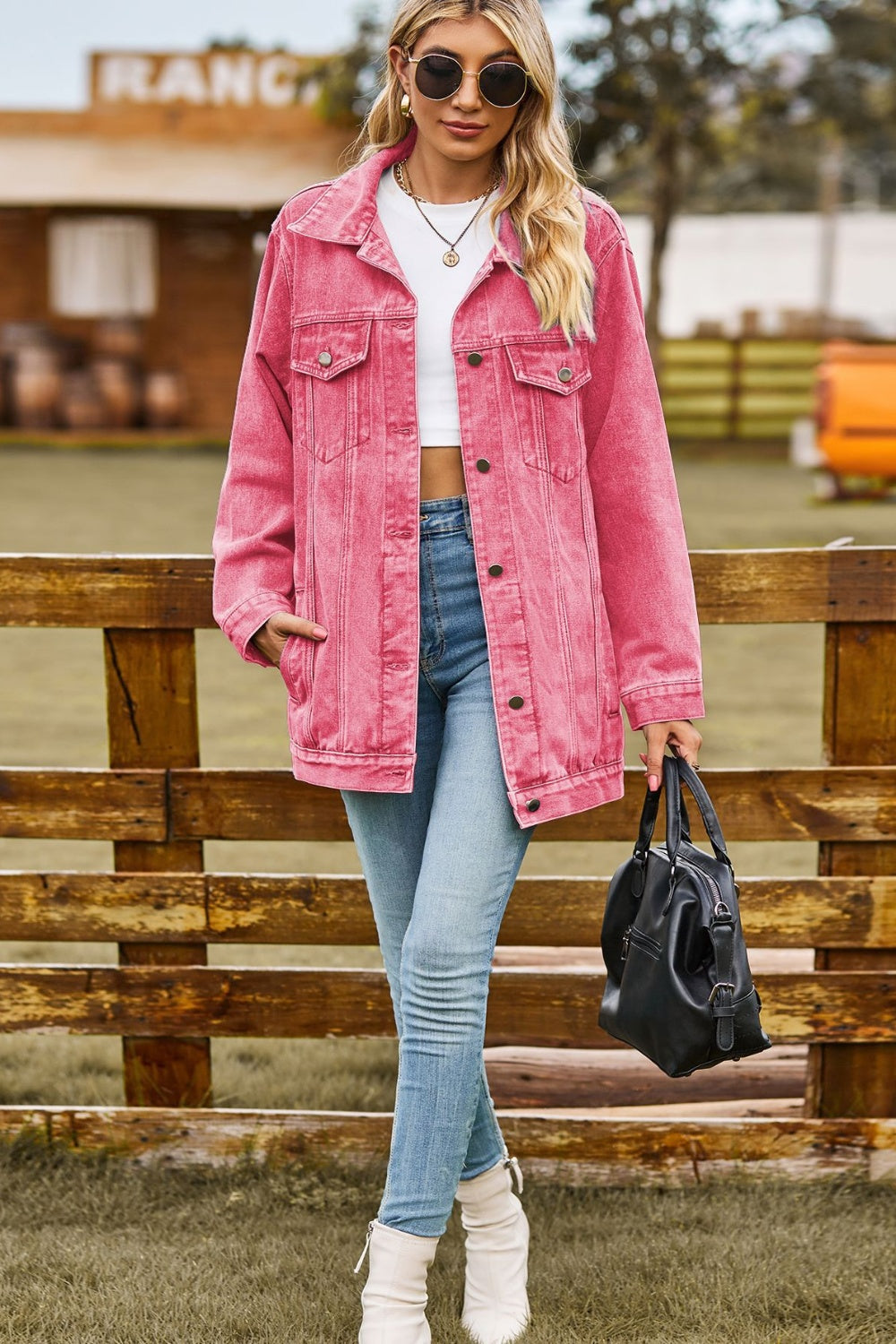 Buttoned Collared Neck Denim Jacket with Pockets - felvior