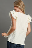 Umgee Full Size Textured Jacquard V-Neck Ruffle Cap Sleeve Blouse Plus Size