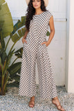 Checkered Print Crew Neck Wide Leg Jumpsuit