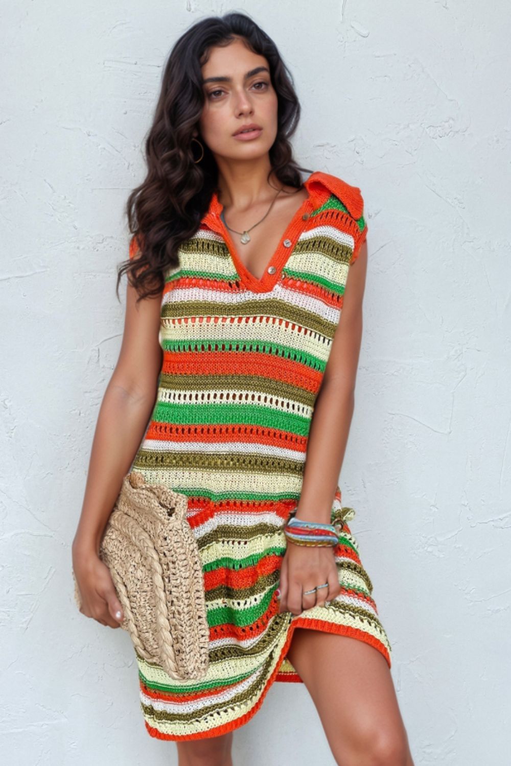 Openwork Stripe Sleeveless Sweater Dress - felvior