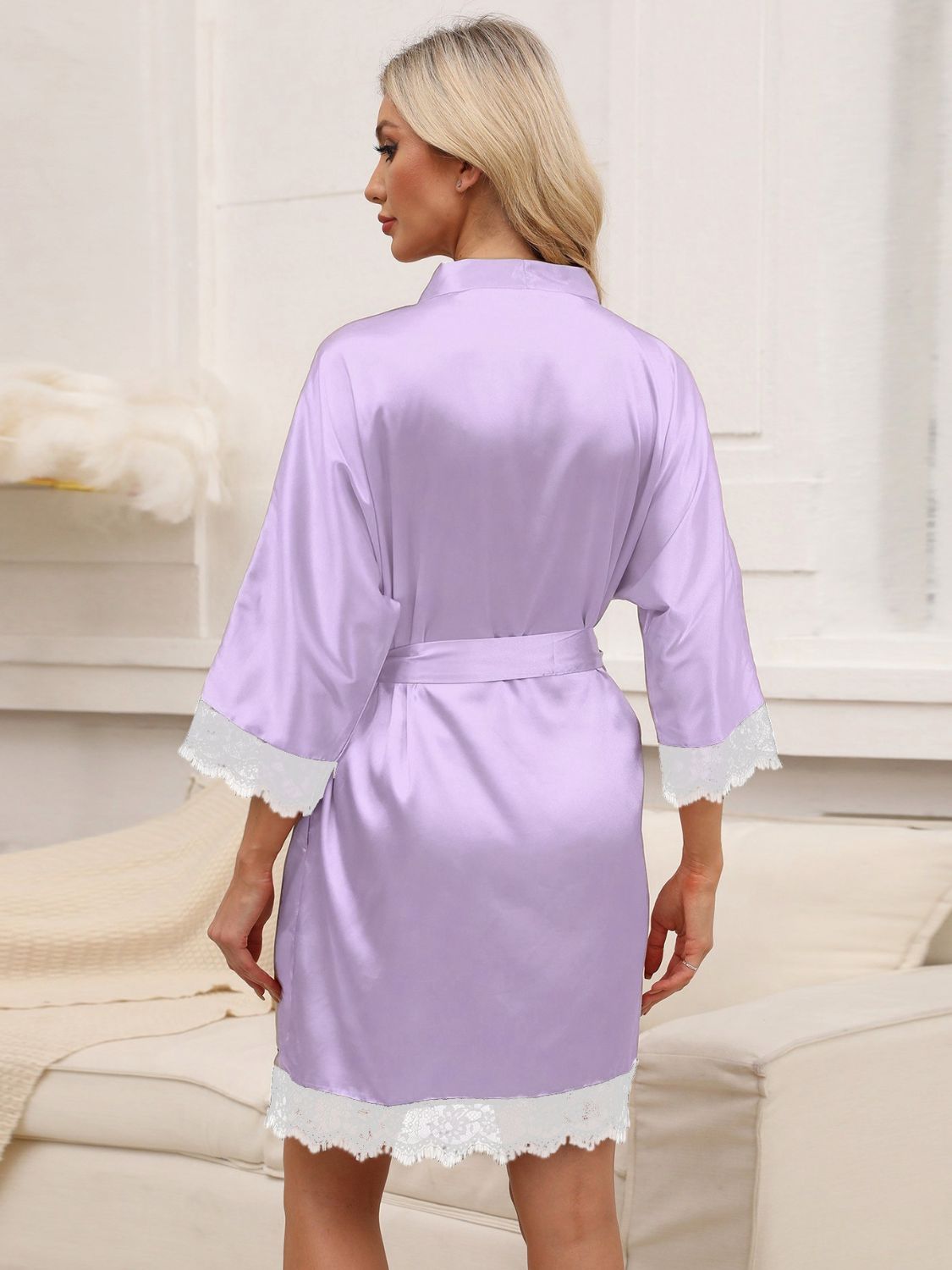Tied Lace Detail Three-Quarter Sleeve Lounge Nightgown - felvior