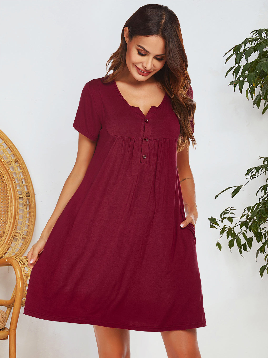 Notched Short Sleeve Mini Lounge Dress - felvior