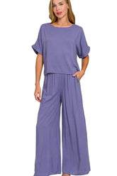 Zenana Round Neck T-Shirt and Wide Leg Pants Set