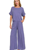 Zenana Round Neck T-Shirt and Wide Leg Pants Set