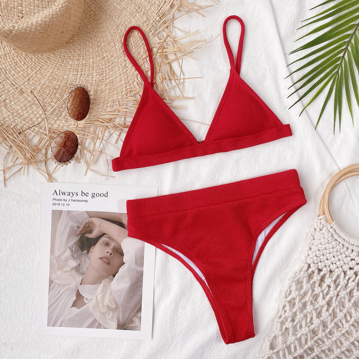 Spaghetti Strap Ribbed Bikini Set - felvior