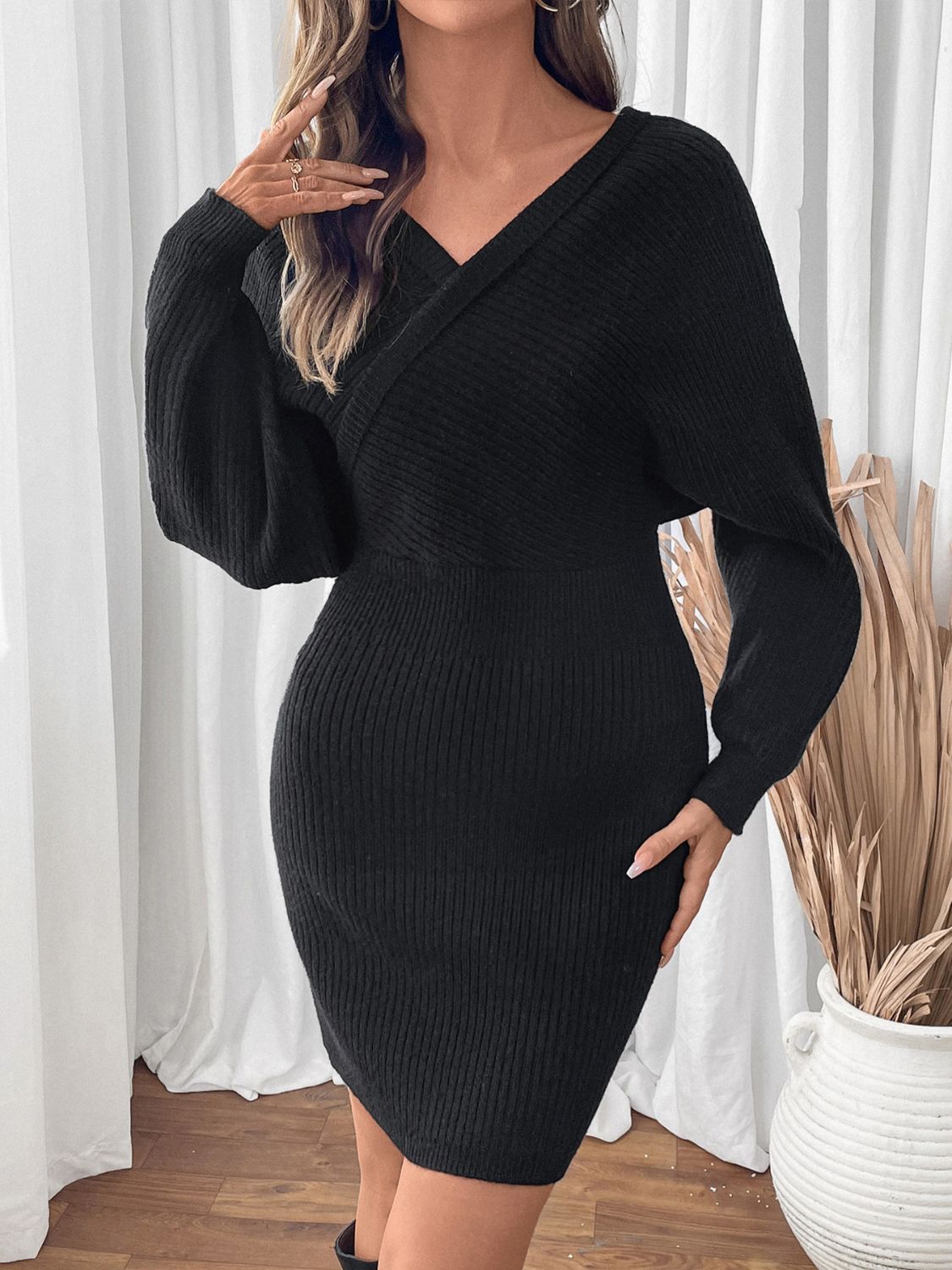 Perfee Surplice Long Sleeve Sweater Dress - felvior