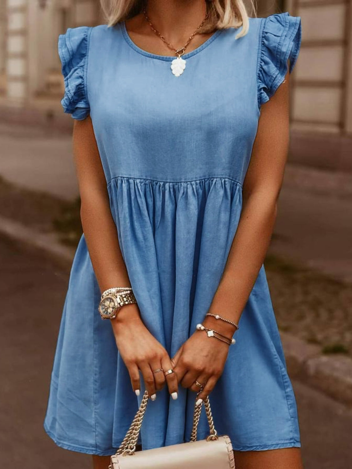 Full Size Ruffled Round Neck Cap Sleeve Denim Dress - felvior
