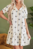 Frill Bow Print Notched Short Sleeve Mini Dress