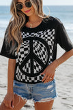 Checkered Peace Sign Round Neck T-Shirt