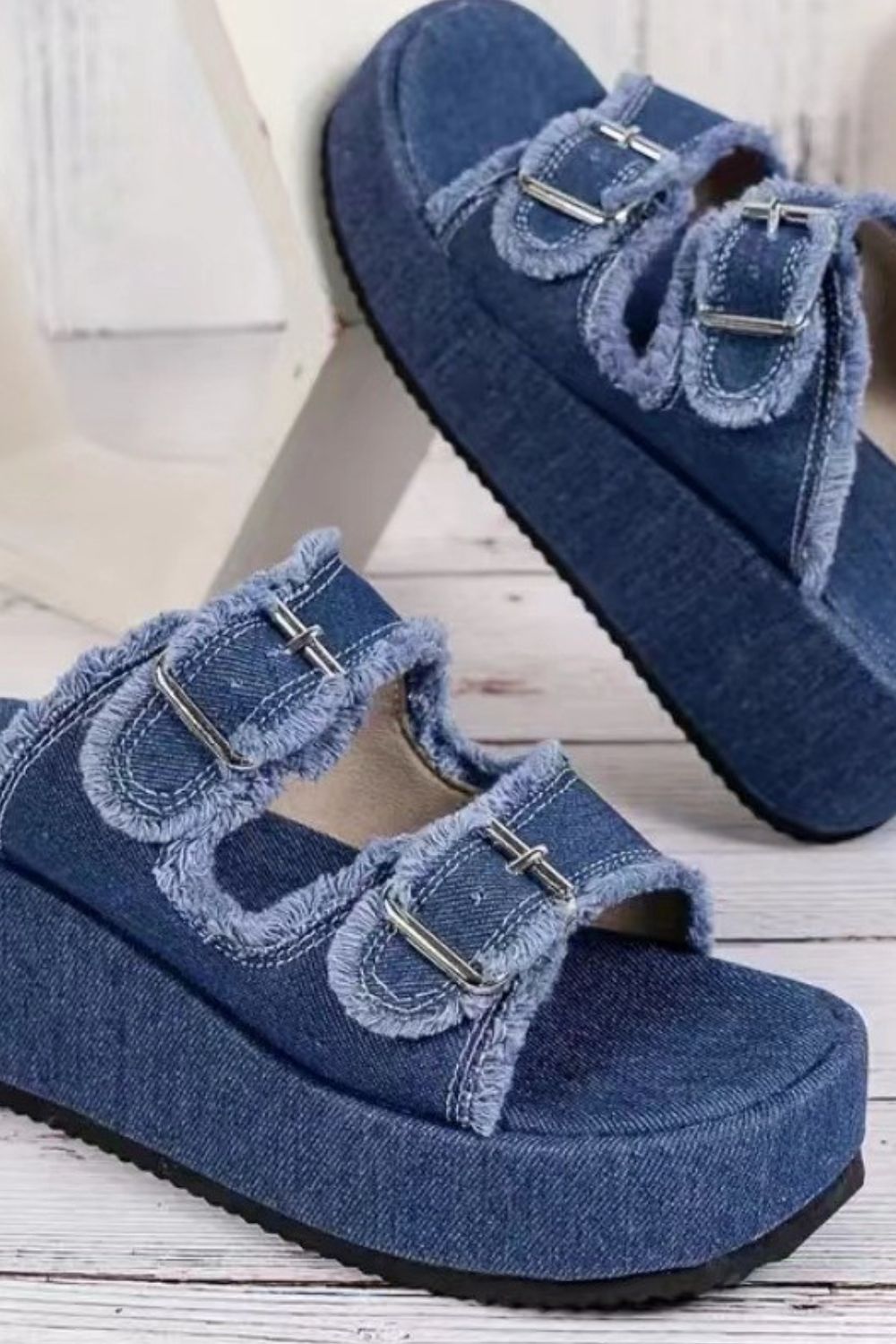 Raw Hem Wedge Buckle Sandals