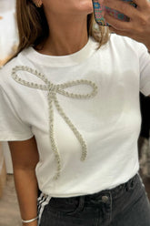 Rhinestone Bow Round Neck Short Sleeve T-Shirt