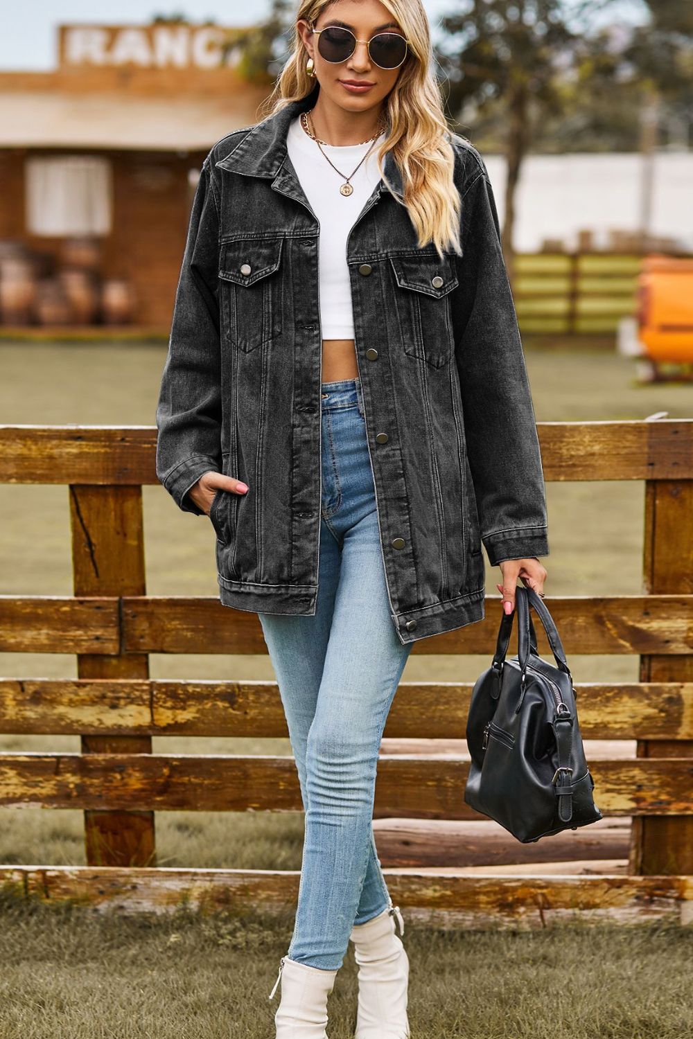 Buttoned Collared Neck Denim Jacket with Pockets - felvior