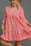 Umgee Full Size Two Tone Print Balloon Sleeve Tiered Dress Plus Size