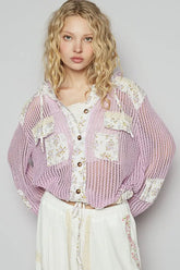 POL Vintage Washed Crochet Hoodie Jacket With Patchwork
