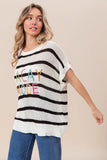 BiBi Vacay Mode Lettering Drop Shoulder Striped Sweater