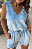 Raw Hem Studded V-Neck Drawstring Sleeveless Denim Romper