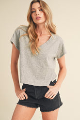 Aemi + Co Side Slit V-Neck Short Sleeve Cropped T-Shirt