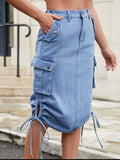 Drawstring Denim Skirt with Cargo Pockets