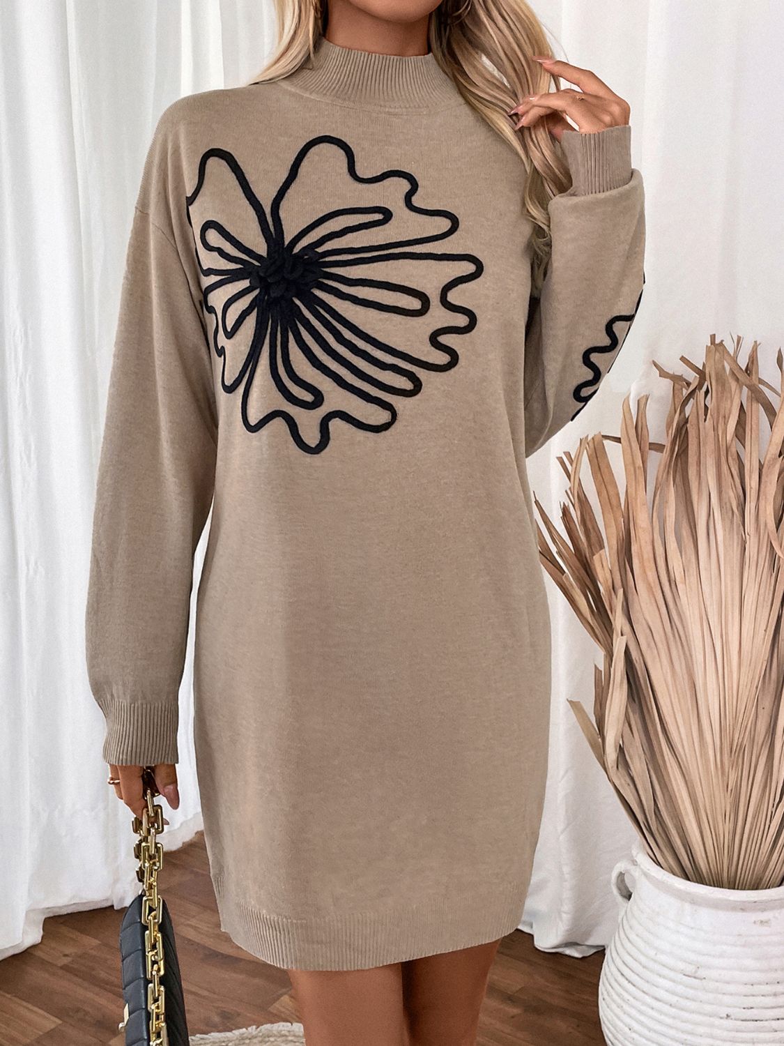 Perfee Flower Mock Neck Long Sleeve Sweater Dress - felvior