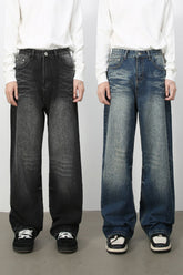 Men's Washed Wide Leg Jeans with Pockets