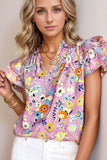 Printed Notched Double Layered Ruffle Sleeve Blouse