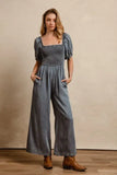 BiBi Smocked Washed Puff Sleeve Square Neck Denim Jumpsuit