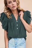 Frilled Notched Ruffled Cap Sleeve Blouse