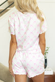 Bow Print Lettuce Trim Round Neck Top and Shorts Lounge Set