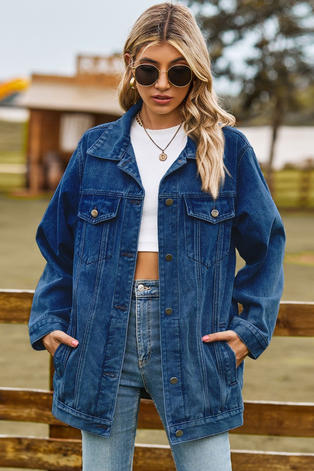 Buttoned Collared Neck Denim Jacket with Pockets - felvior