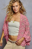 POL Openwork V-Neck Chenille Cardigan with Contrast Floral