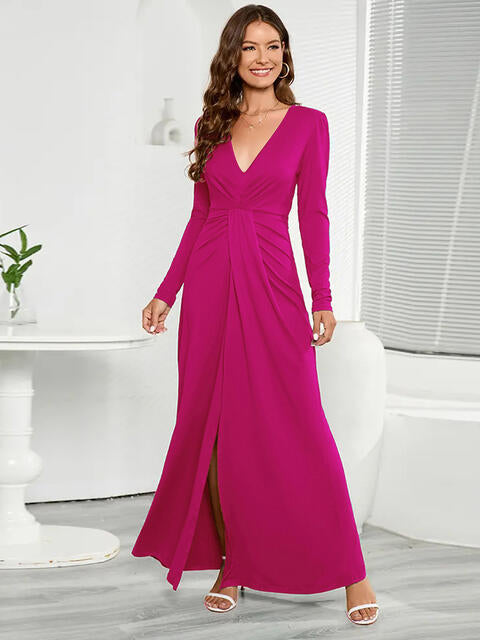 V-Neck Long Sleeve Split Dress - felvior