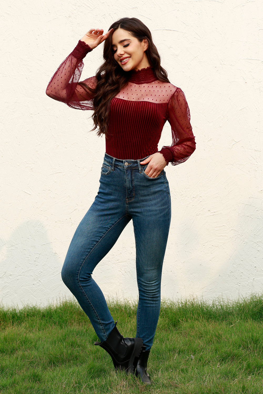 Smocked Mock Neck Long Sleeve Bodysuit - felvior