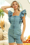 BiBi Zip Up Front Denim Romper With Ruffles