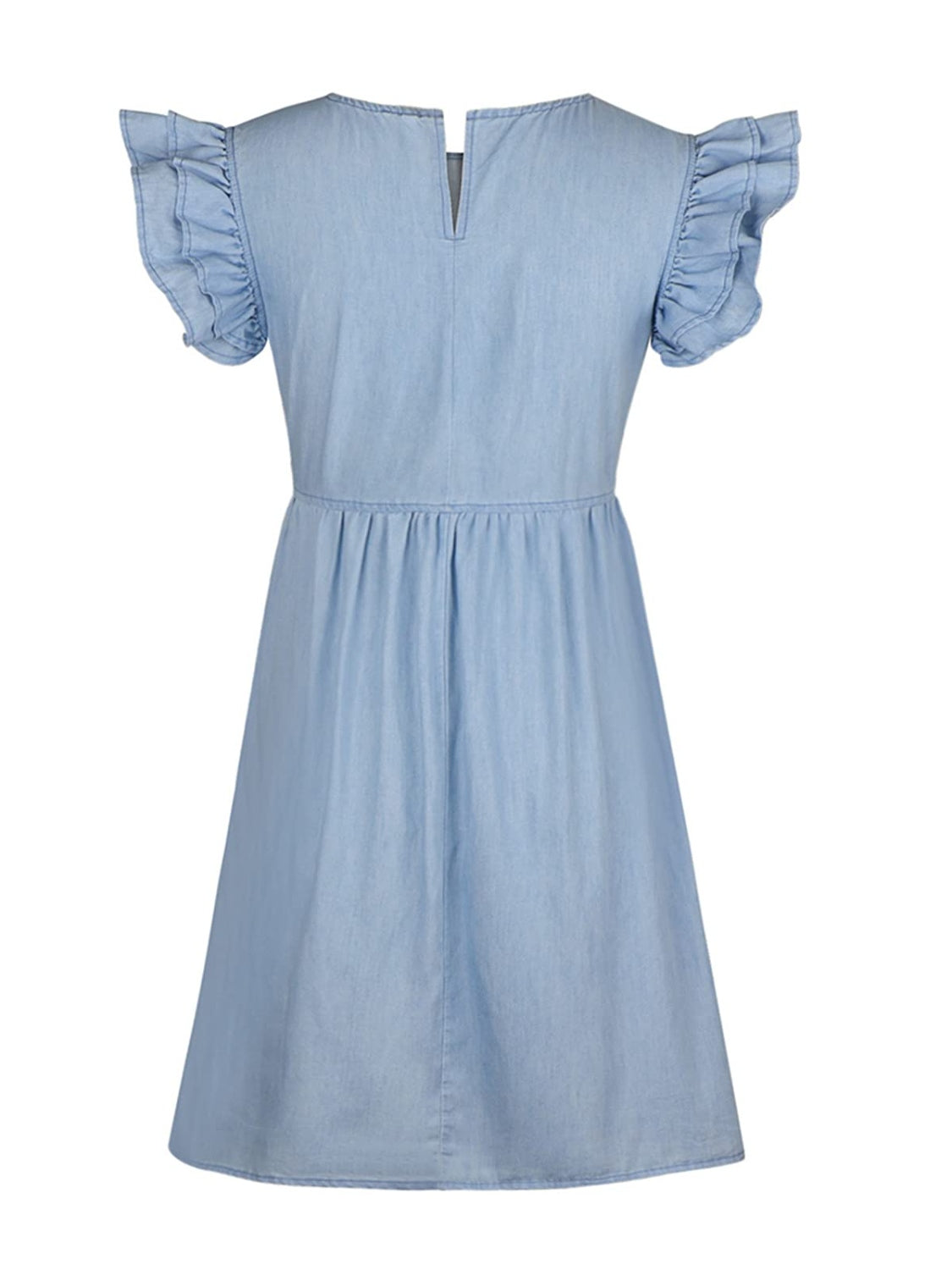 Full Size Ruffled Round Neck Cap Sleeve Denim Dress - felvior
