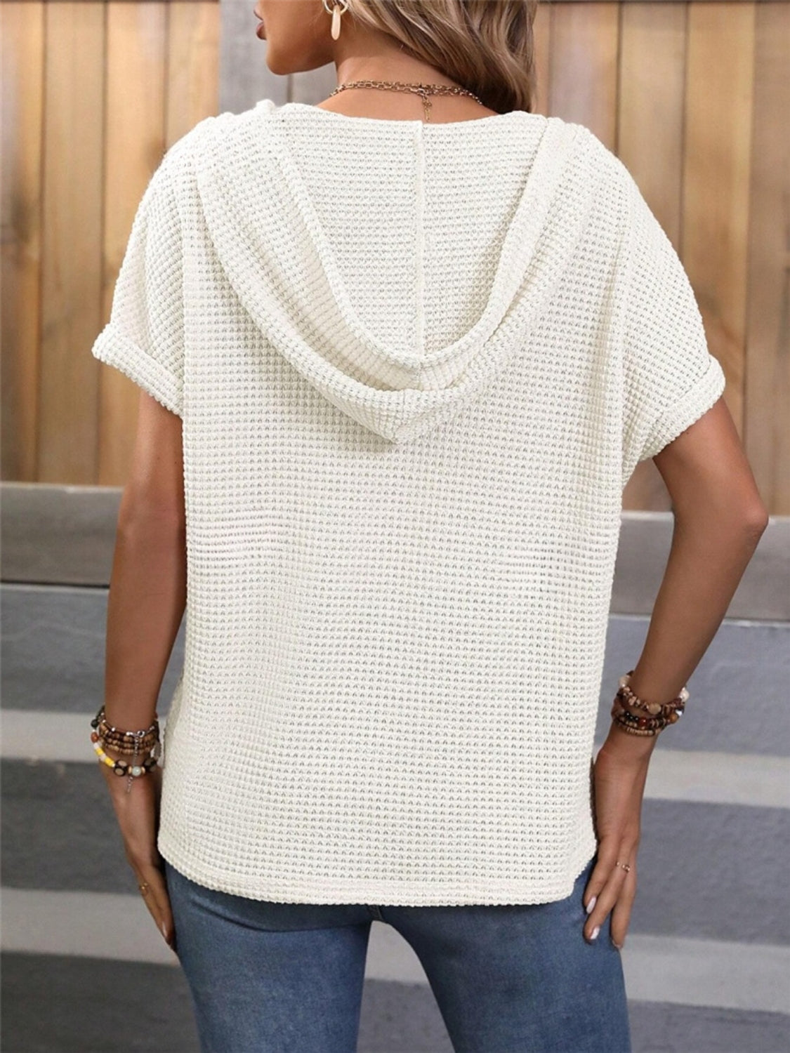 Waffle-Knit Hooded Short Sleeve Top - felvior