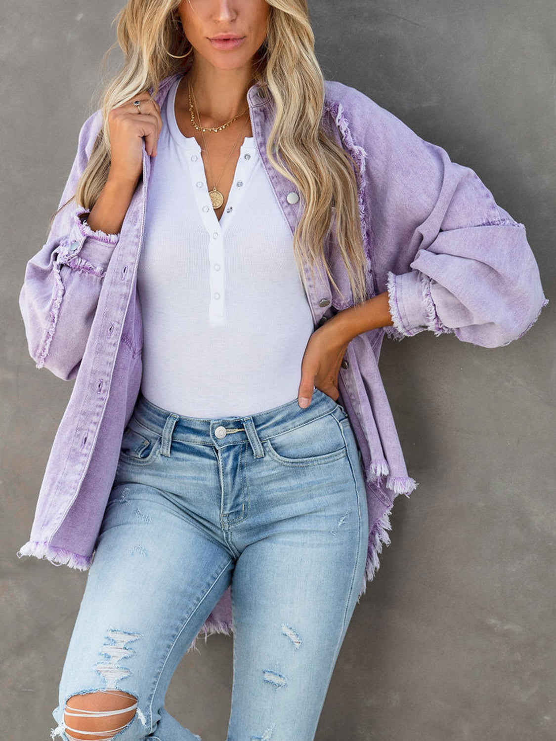 Button Down Raw Hem Denim Jacket - felvior