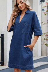 Johnny Collar Half Sleeve Denim Dress