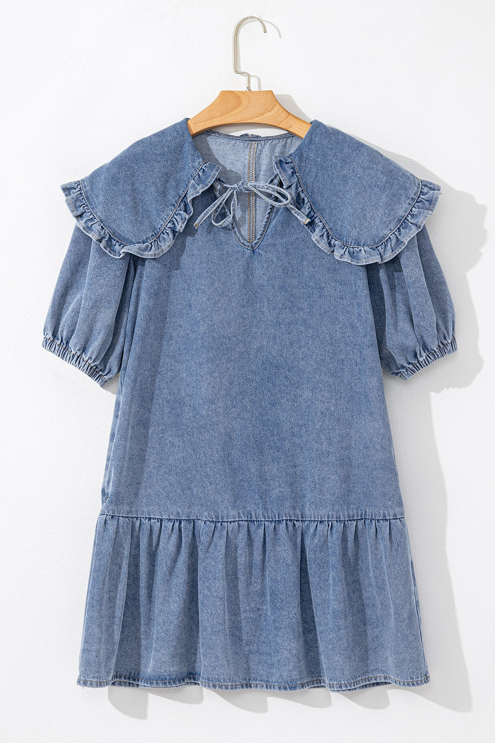 Ruffled Side Pockets Puff Sleeve Denim Mini Dress - felvior