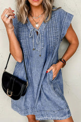 Tie V Neck Tucking Detail Short Sleeve Denim Dress