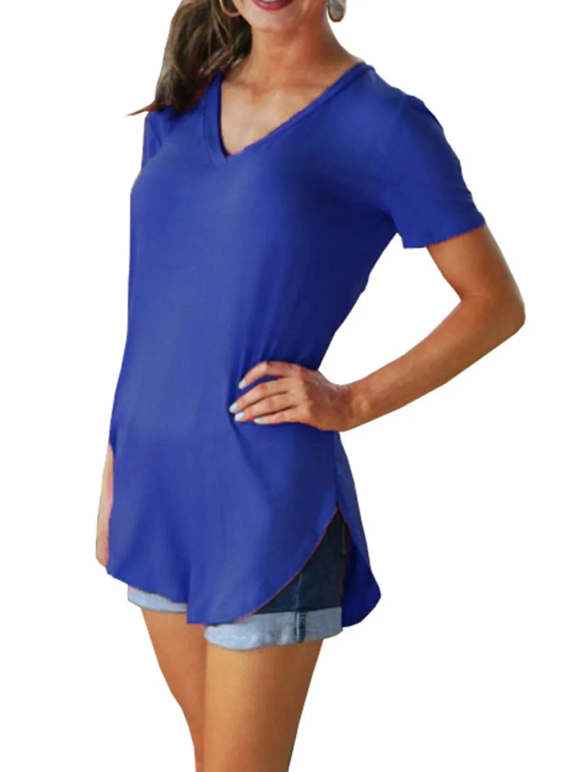 Full Size Solid V-Neck Short Sleeve T-Shirt Plus Size - felvior
