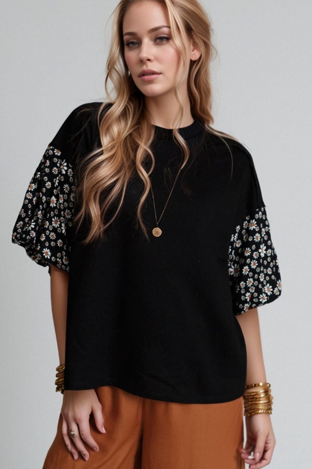 Contrast Floral Puff Sleeve Oversized Top - felvior