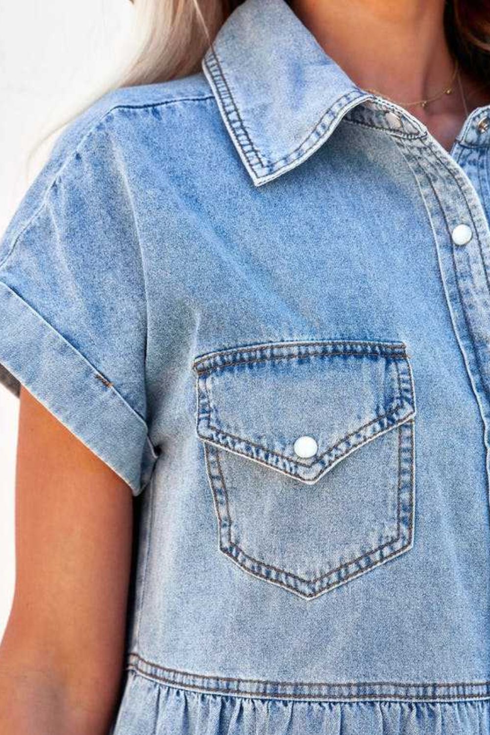 Raw Hem Button Down Denim Mini Dress - felvior