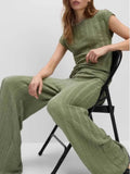 Round Neck Cap Sleeve Top and Pants Set