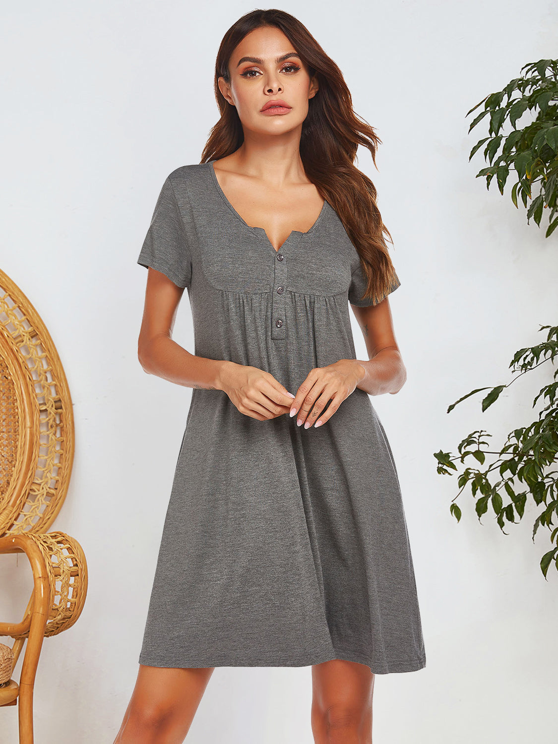 Notched Short Sleeve Mini Lounge Dress - felvior