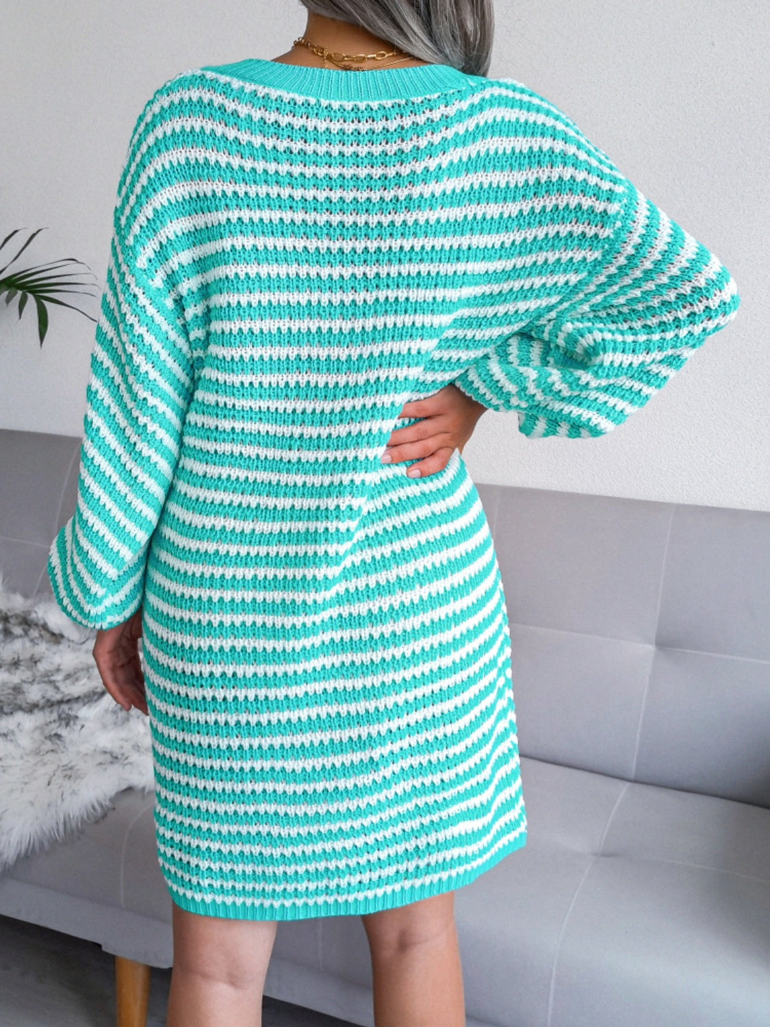 Striped V-Neck Long Sleeve Mini Sweater Dress - felvior