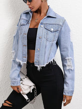 Distressed Raw Hem Button Up Denim Jacket