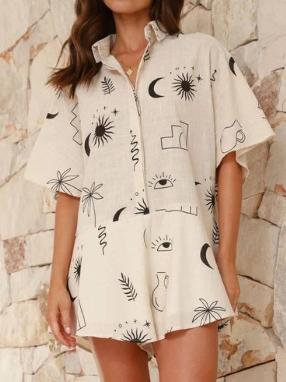 Printed Collared Neck Half Sleeve Romper - felvior