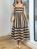 Smocked Striped Square Neck Cap Sleeve Dress