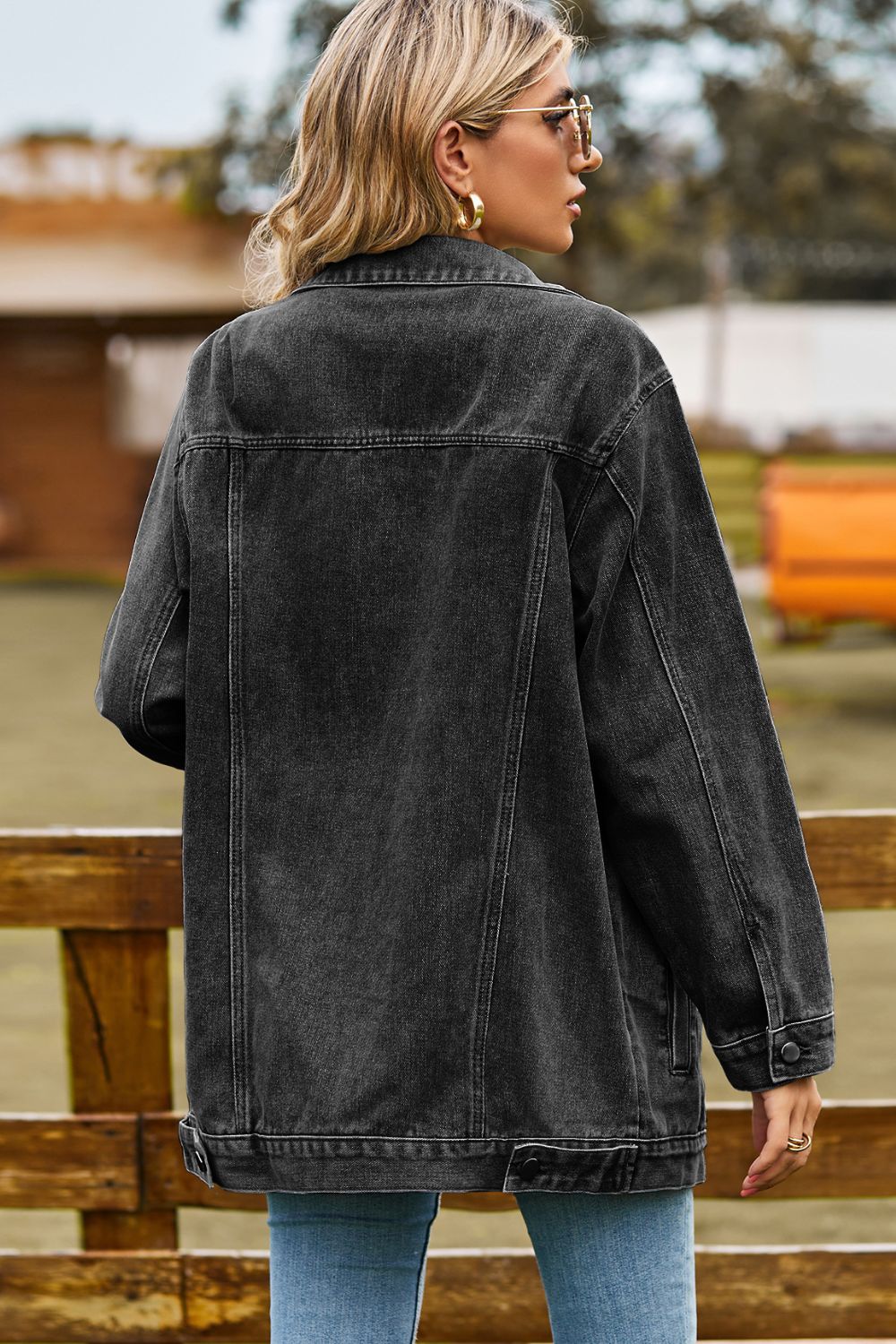 Buttoned Collared Neck Denim Jacket with Pockets - felvior